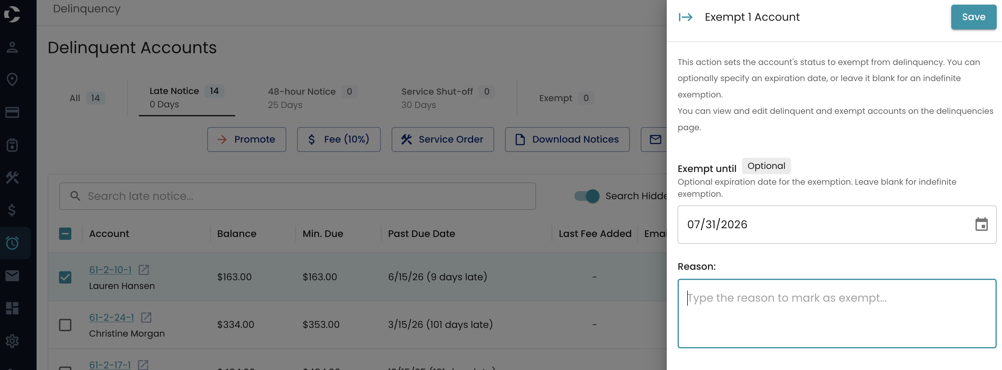 Set an end date on delinquency exemptions